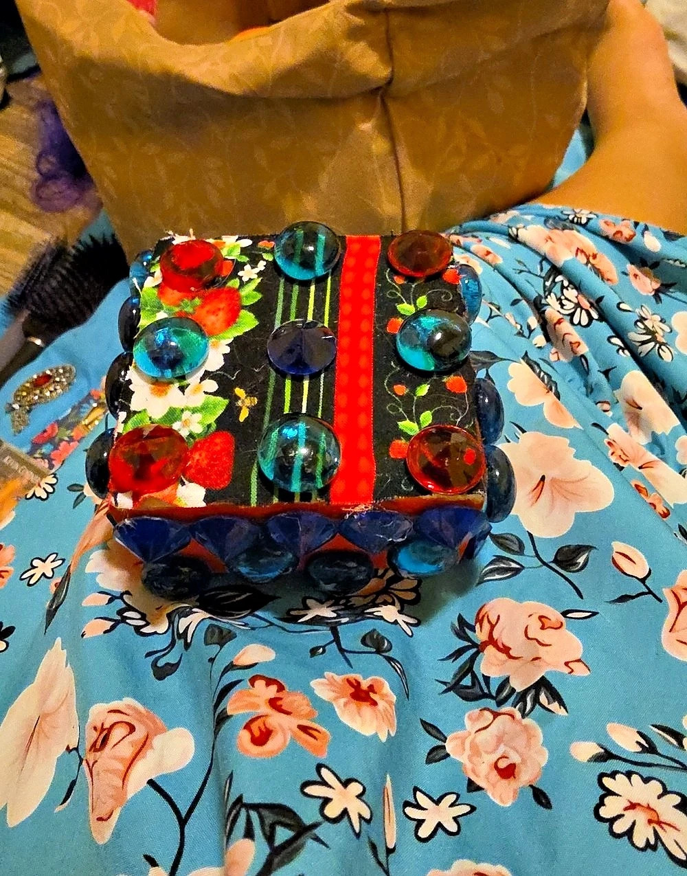 Hand-Decorated Floral Trinket Box Blue & Red
